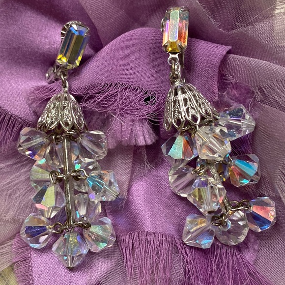 Louis Segal Jewelry - Vintage Louis Segal pierced earrings Iridescent Crystals 2” dangle